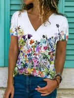 Camiseta de Manga Corta con Cuello en V Moda Blanca para Mujeres Estampado 3D de Lavanda - details 10