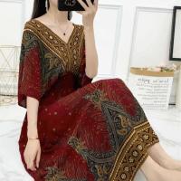 Casual bohemio estilo nacional con cuello en V cintura elástica gran Swing impreso verano Falda larga mujer vestido ropa - details 7