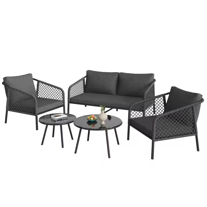 Conjunto de salón de jardín, conjunto de muebles de jardín de cuerda, conjunto de sofá moderno de exterior, cuerda gris, tablero de mesa de cristal liso, incluye todos los cojines de asiento y respaldo, muebles de salón, conjunto de balcón - 1
