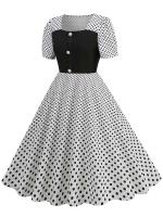 Women summer casual polka dot print short sleeve a line party vintage elegant midi dress - details 29