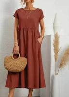 Vestido retro liso elegante de lino y algodón de manga corta con cuello redondo para mujer, vestido suelto informal de verano 2023 - details 5