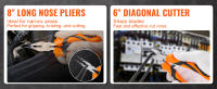 SucceBuy Juego de alicates de 8 piezas, acero con alto contenido de carbono, alicates de junta ranurada de 12"/10"/8", alicates de línea de 8", alicates de junta deslizante de 6", alicates de punta larga de 8", cortador diagonal de 6", llave ajustable de - details 5