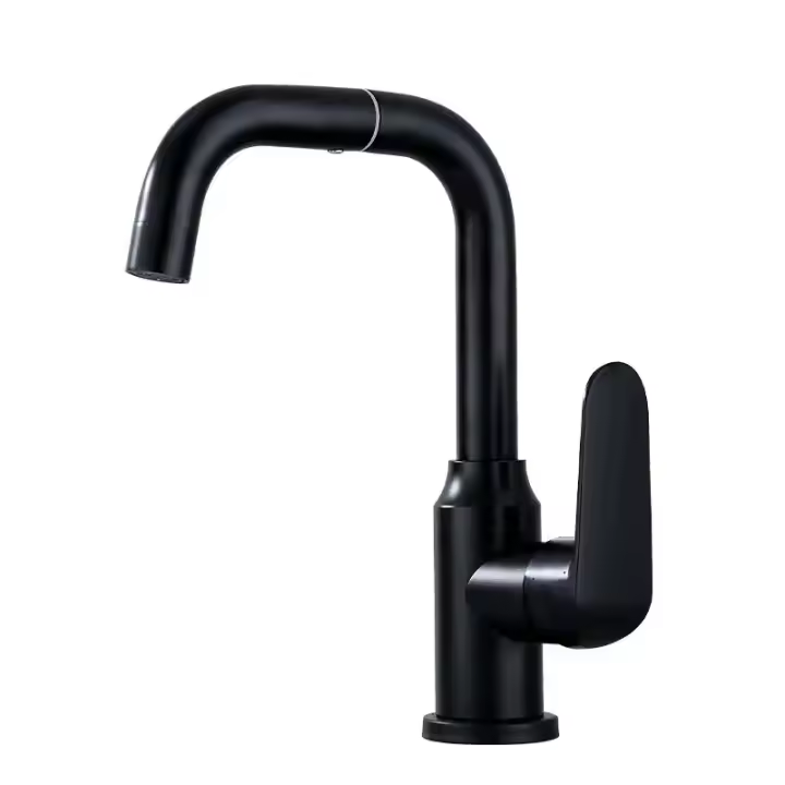 Grifo de fregadero de baño negro mate con caño giratorio de 360 °, mango único, orificio extendido con drenaje emergente de Metal - 1