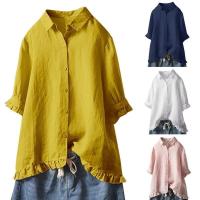 Camisa de algodón y lino de Color liso para mujer, con solapa y botones, manga corta con dobladillo, Top informal holgado, ropa de calle de otoño - details 0