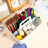 Cesta de almacenamiento de plástico de 5 compartimentos con asa, organizador de escritorio de oficina portátil para bolígrafos, lápices, papelería, colores mezclados - details 2