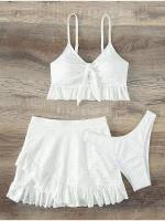 Conjunto de Bikini liso para mujer, bañador Sexy de malla de cintura alta, estilo playero, traje de baño de 3 piezas con volantes para verano, 2023 - details 3