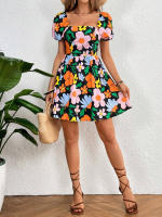 Vestido corto con manga farol y falda para la playa estampada con cuello en V novedad de verano 2025 para mujer - details 2