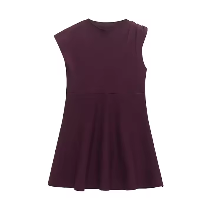 High Street Women Burgund Skater Knit Mini Dresses Round Neck Asymmetric Sleeve With Pleats A-line Dress Spring 2025 Vestidos - 1