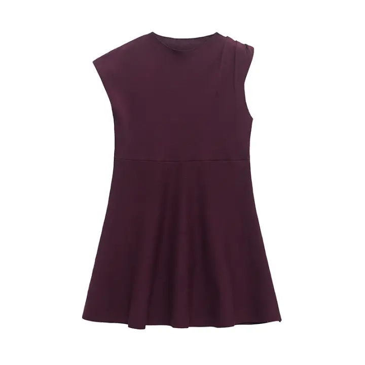 Vestidos cortos de punto estilo patinadora para mujer, cuello redondo, manga asimétrica con pliegues, línea A, primavera 2025 - 1