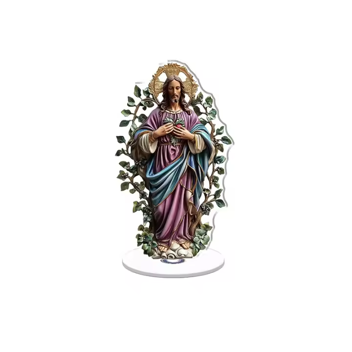 La pantalla acrílica giratoria presenta un impresionante Sagrado Corazón de Jesús con colores vibrantes, detalles intrincados y una aureola luminosa sobre un fondo blanco. - 1