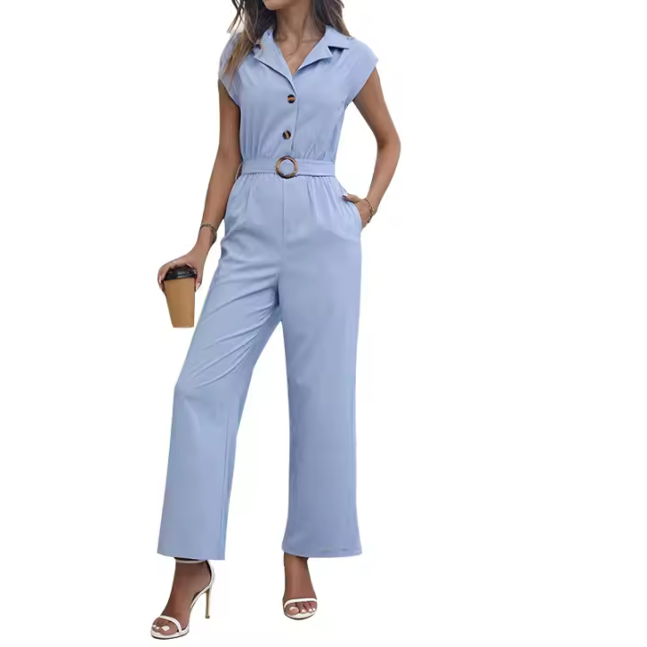 Monos de manga corta para mujer, vestido de cintura alta con pantalones en azul S - 1
