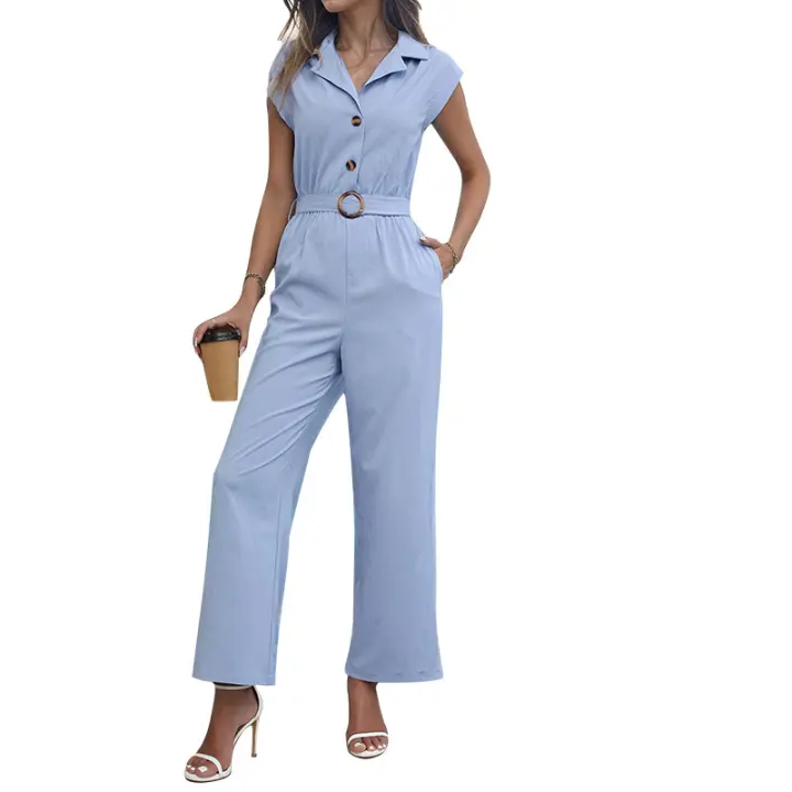 Monos de manga corta para mujer, vestido de cintura alta con pantalones en azul S - 1