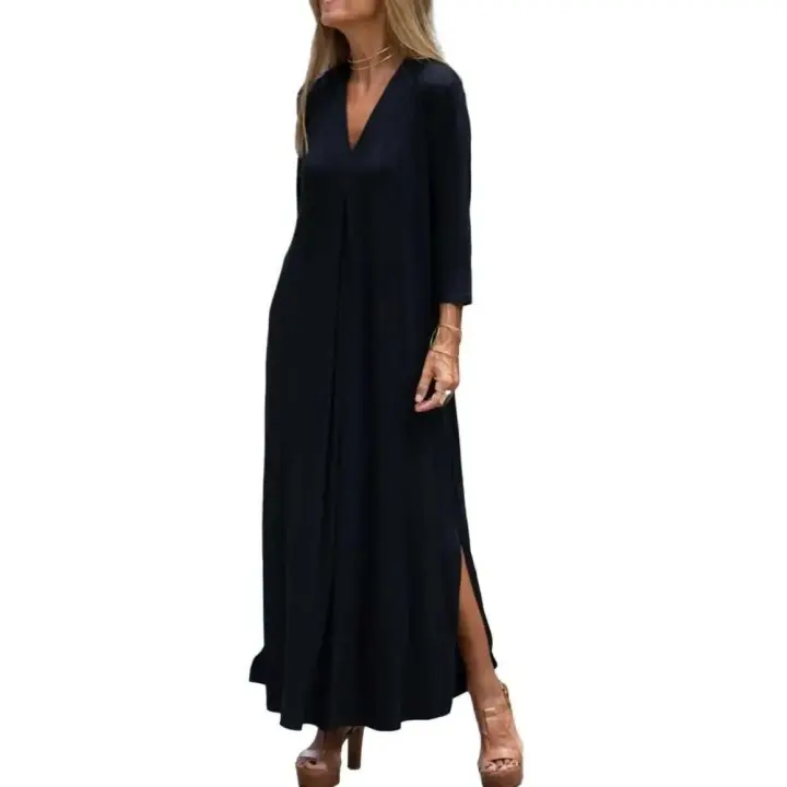 Vestido Largo con Cuello en V Manga Acolchada, Abierto en la Cintura, Suéter Suave, Tobillo Arriba, Sólido - 1