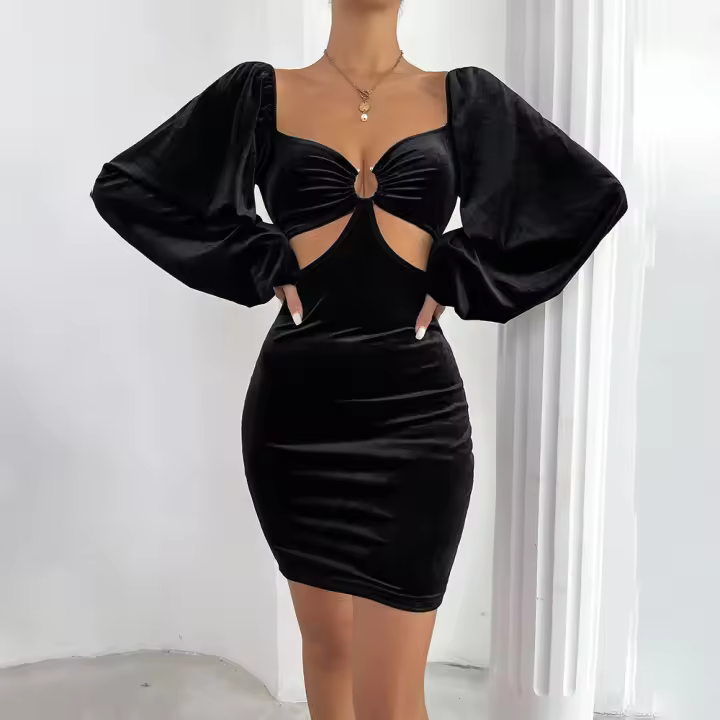 Mujer con anillo hueco cintura delgada temperamento, manga de burbuja, vestido de terciopelo - 1