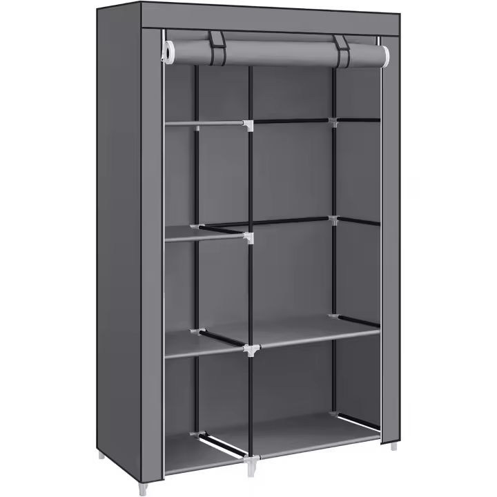 SONGMICS Armario de tela, armario de ropa, con 1 barra para colgar, 6 estantes, tela no tejida, marco de metal, 45 x 105 x 168 cm, para dormitorio, pasillo, gris RYG085G02 - 1