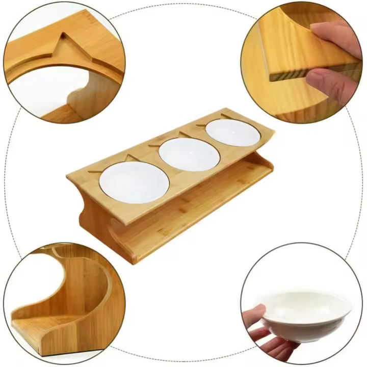 1 x 1 x 1 cm Cuenco para Gatos Perros Elevado Comedero Gato Perro en Cerámica/Acero Inoxidable con Soporte de Madera - 1