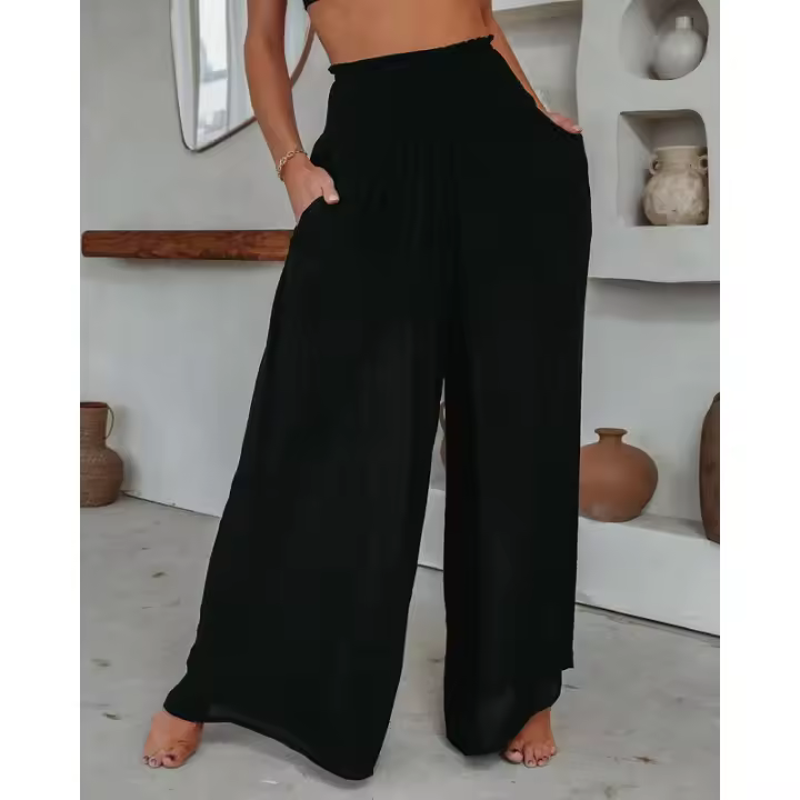 BUNO-Pantalones informales versátiles minimalistas para mujer, pantalones elásticos empalmados de cintura alta con bolsillos y pliegues, holgados, de color liso, a la moda, verano 2024 - 1
