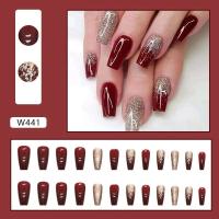 24 unids/set vino tinto ballet largo falso con brillo dorado gradiente artificial desmontable acrílico uñas artísticas - details 2