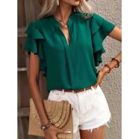Jersey Elegante De Color Rojo Rosa Para Mujer, Blusa Informal Con Cuello En V Y Mangas Con Volantes De Doble Capa, Top De Color Sólido - details 28