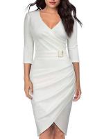 Vestido corto elegante de otoño para mujer, abrigo ajustado de manga larga con cuello en V, vestidos lisos de uso diario para mujer OL - details 3