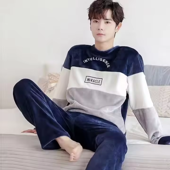 Pijama Caliente Para Hombre Otoño Invierno Coral polar Manga Larga Tejido Suave Confor Para Dormir Ropa Casera Joven - 1