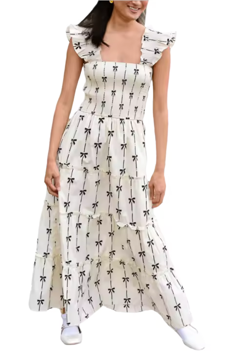 Elrachen Vestido largo de mujer con cuello cuadrado y volantes con estampado de lazo, negro, tallas S-XL - 1