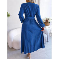 Vestido largo plisado con dobladillo grande para mujer, vestido cruzado de Color liso con cuello en V, moda de primavera y verano - details 22