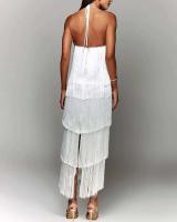 Vestido con abertura y espalda descubierta con flecos y cuello a la moda para mujer - details 4