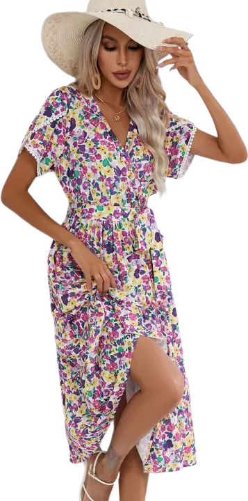 Vestido bohemio Retro de verano para mujer, manga corta, estampado básico, ventilación, púrpura S - 1
