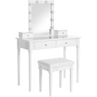 Mesa Tocador, Mesa Maquillaje con Taburete Tapizado, Espejo, 10 Bombillas Regulables Iluminación, 2 Cajones Grandes con Tablero Vidrio Templado, 2 Cajones Pequeños, Blanco - details 0