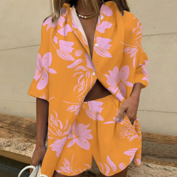 Conjunto de Verano 2025 para Mujer Blusa de Cuello Camisero con Estampado Floral y Shorts Holgados - 1