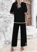 Conjuntos de punto de verano para mujer, trajes de 2 piezas, Tops de manga corta con pantalones, Negro S - details 8