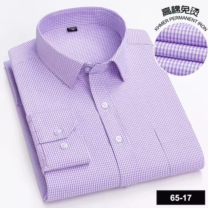 Camisa de manga larga informal de negocios para primavera y otoño a cuadros a rayas de algodón de alto recuento sin hierro y moda ajustada - 1