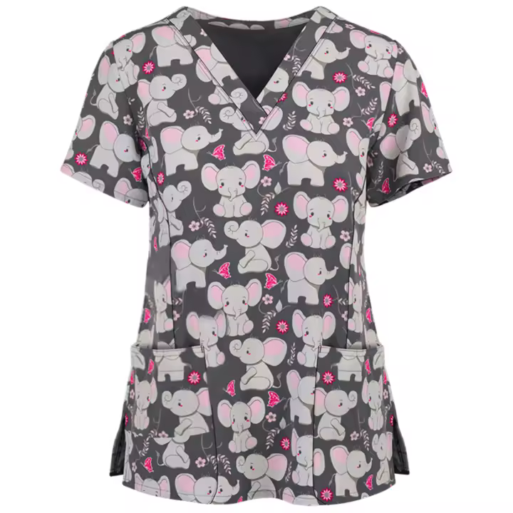 Uniforme de trabajo con estampado de dibujos animados, Tops de manga corta y cuello en V - 1