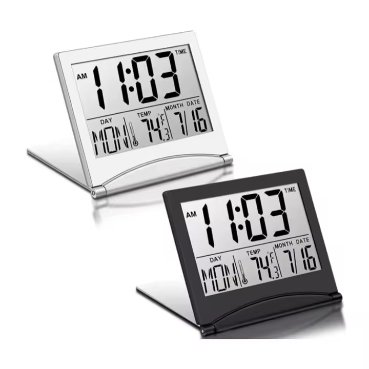 Reloj despertador Digital de viaje, dispositivo con pantalla LCD plegable, con calendario, modo de repetición y temperatura, portátil, de escritorio, 2 piezas - 1