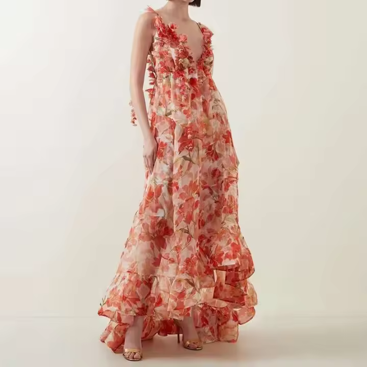 Elegante V-cuello de Chiffon con Borlas Vestido Largo con Volantes para Mujeres - 1
