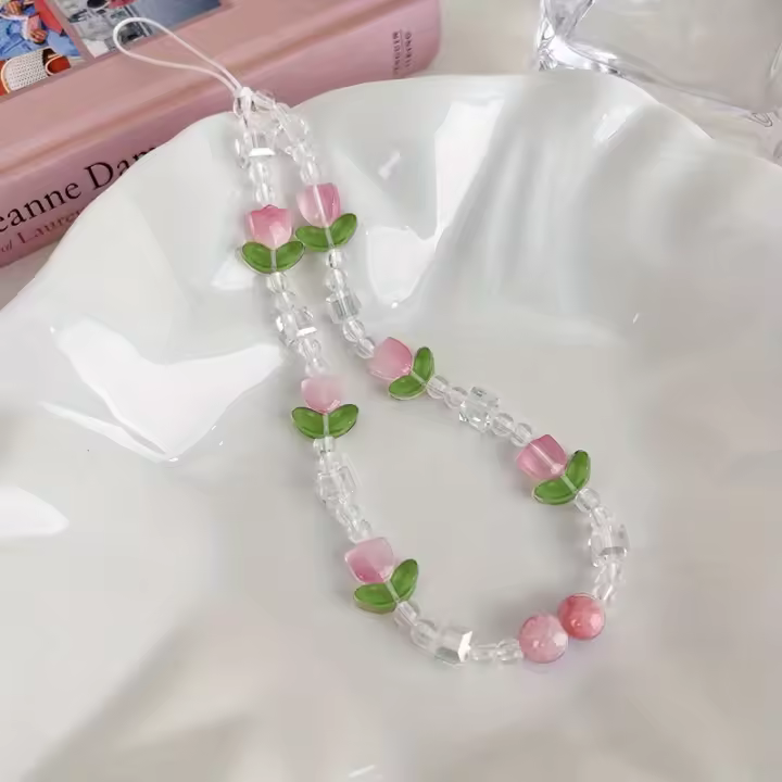 Correa de cadena con cuentas de melocotón para teléfono móvil, joyería dulce para mujer y niña, cordón de flores para teléfono móvil con perlas, llavero para iPhone - 1