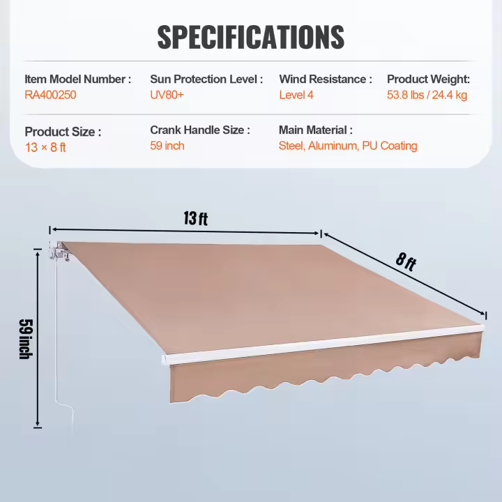 SucceBuy Toldo retráctil manual para patio al aire libre, parasol de poliéster resistente al agua, manija de manivela, refugio para patio trasero y balcón - 1