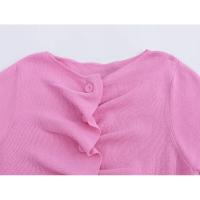 OUWU- Colección Europea Y Americana De 24 Otoño, Nuevo Estilo, Cierre De Botón, Decoración De Volantes, Cuello Redondo, Manga Corta, Top De Punto Para Mujer - details 2
