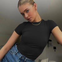BUNO-2025 primavera nueva camiseta de manga corta para mujer sólido Simple Casual suave todo-fósforo caliente básico Crop Tops camisetas moda de verano - details 9