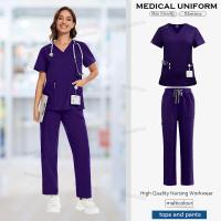 Ropa de trabajo, conjuntos de uniformes elásticos, uniforme de enfermera, uniforme médico para mujer, conjuntos de pantalones rectos de manga corta con cuello en V - details 12