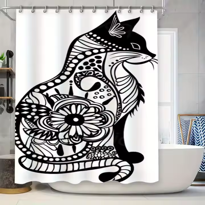 Cortina de ducha con diseño de gato en blanco y negro, cortina de baño impermeable y a prueba de moho, diseño único y creativo - 1