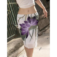 BUNO-Falda larga con estampado de flores de loto para mujer, faldas informales elegantes de longitud media, estilo de vacaciones, falda de cintura baja, verano - details 2