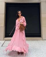 Vestidos elegantes lisos de encaje con múltiples unces, vestidos elegantes holgados con cuello de pico, batas de manga larga para mujer nueva, vestido de vacaciones para ir al trabajo de verano 2025 - details 2