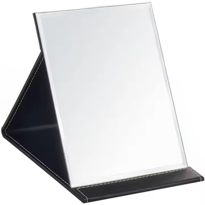 Espejo de maquillaje plegable portátil de cuero PU con pie, negro - 1