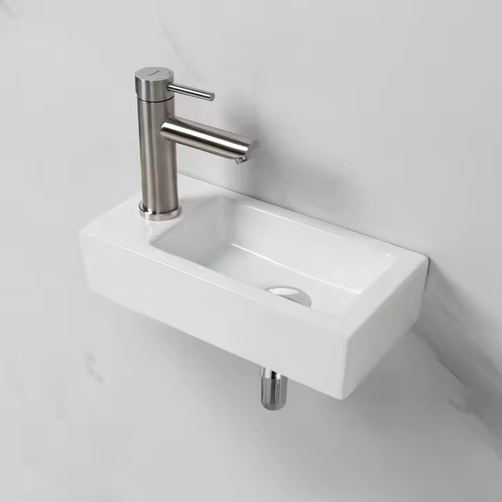 Lavabo de Cerámica Rectangular con 1 Orificio para Grifo, Lavabo de Mano Izquierda Montado en la Pared, Tamaño Pequeño: 376 × 188 × 93 mm, Blanco, M41102-L - 1