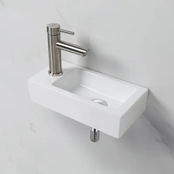 Lavabo de Cerámica Rectangular con 1 Orificio para Grifo, Lavabo de Mano Izquierda Montado en la Pared, Tamaño Pequeño: 376 × 188 × 93 mm, Blanco, M41102-L - 1