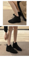 Botas de mujer Otoño e Invierno botas cortas de estilo británico Color sólido gamuza puntiagudas con cordones tacón grueso botas de gran tamaño - details 3