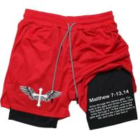 Pantalón corto deportivo de compresión 2 en 1 para hombre con estampado bíblico para gimnasio, entrenamiento y correr - details 4