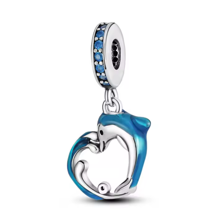 Colgante de Pulsera de Plata Esterlina 925 Diseño de Corazón y Dolphin en Cuentas - 1